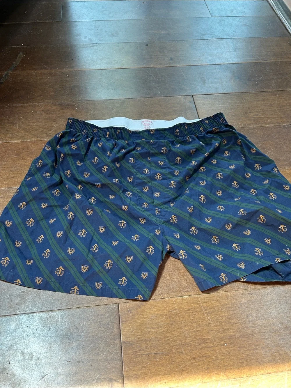 Vintage Brooks Brothers Boxers Large Blue Green Stripe Gold Crest Cotton Ivy